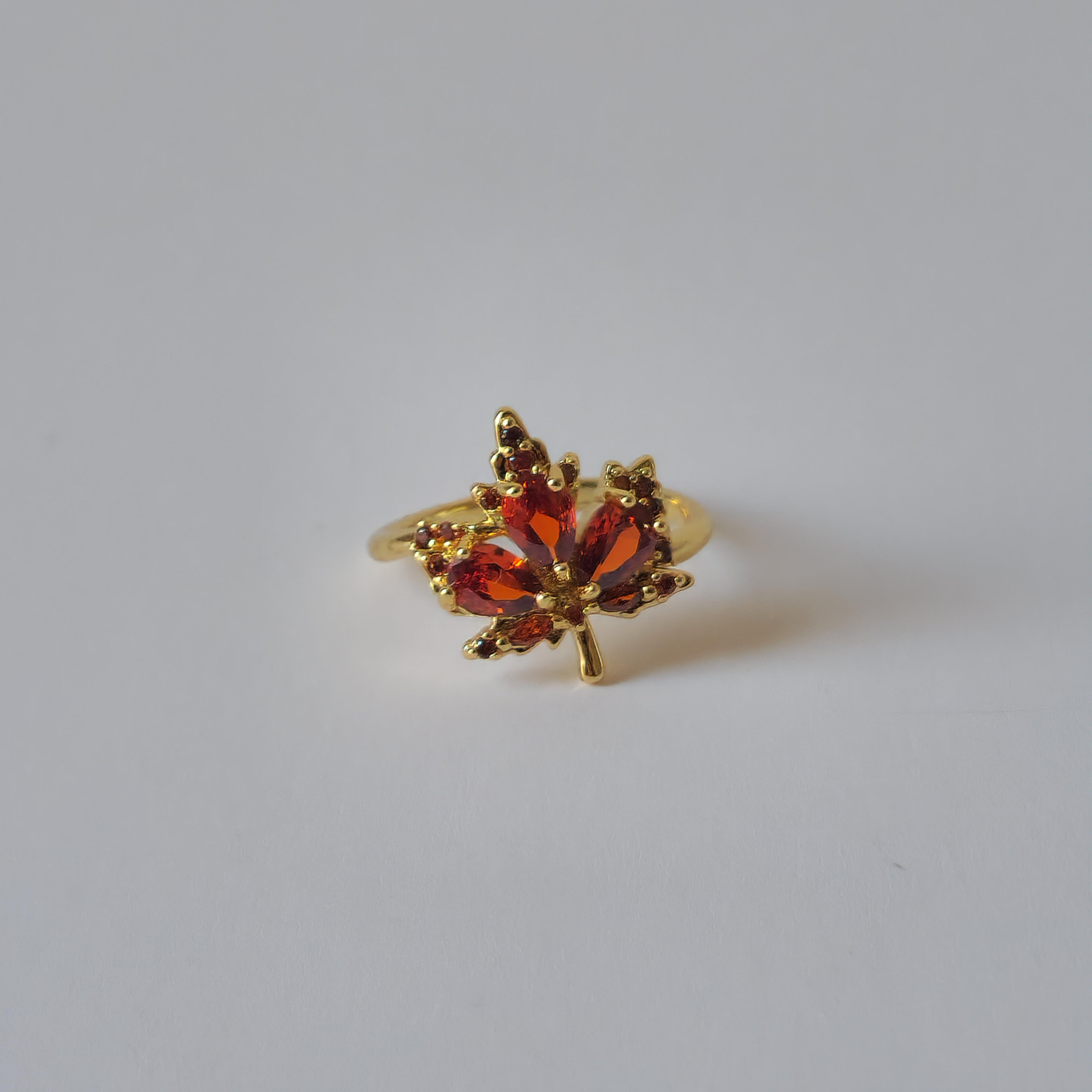 18K Gold Dainty Minimalist Maple Leaf Zircon Ring Adjustable Open Band Jewelry
