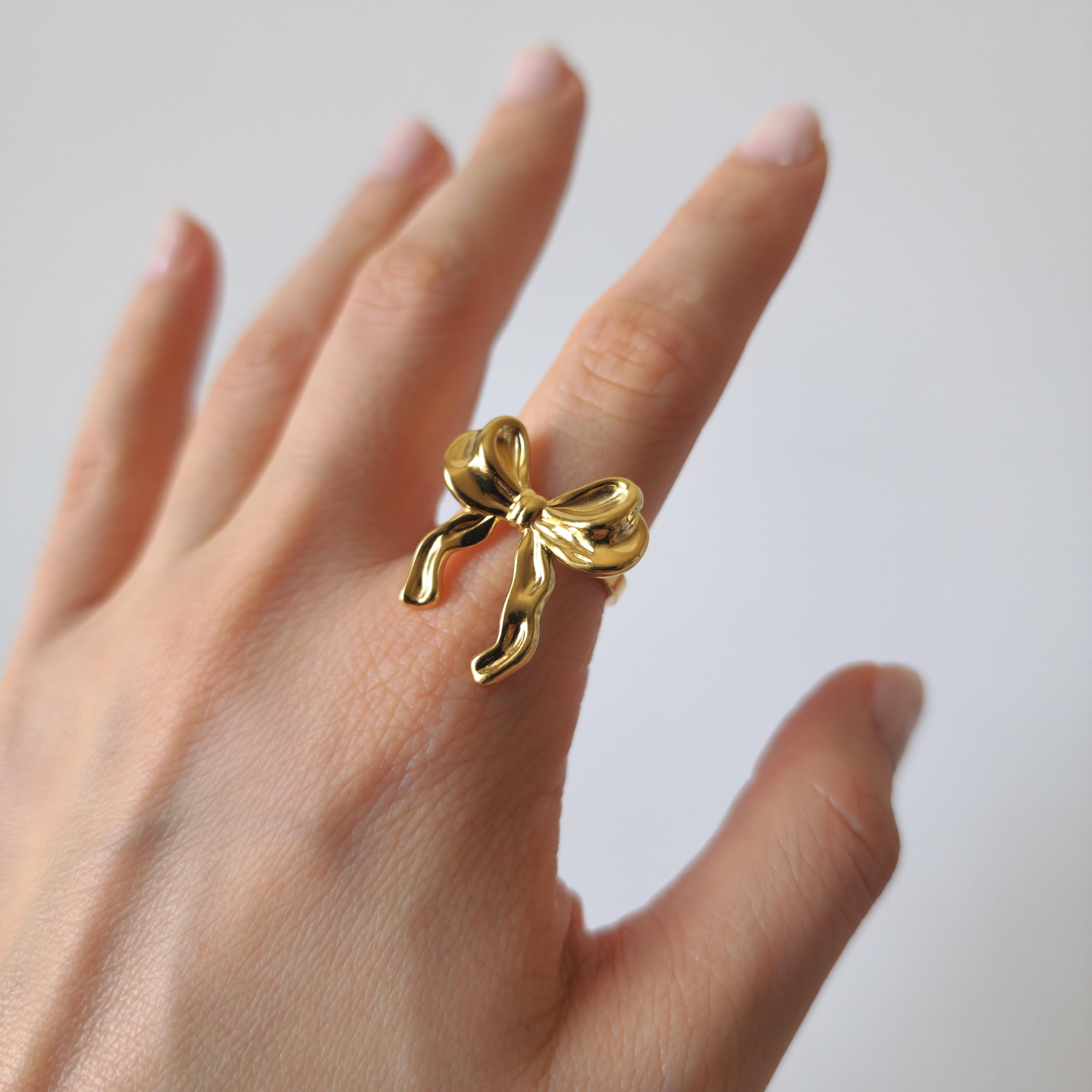 18K Gold Bow Ring Retro Adjustable Open Band Vintage Knot Dainty Solid Gold Gift