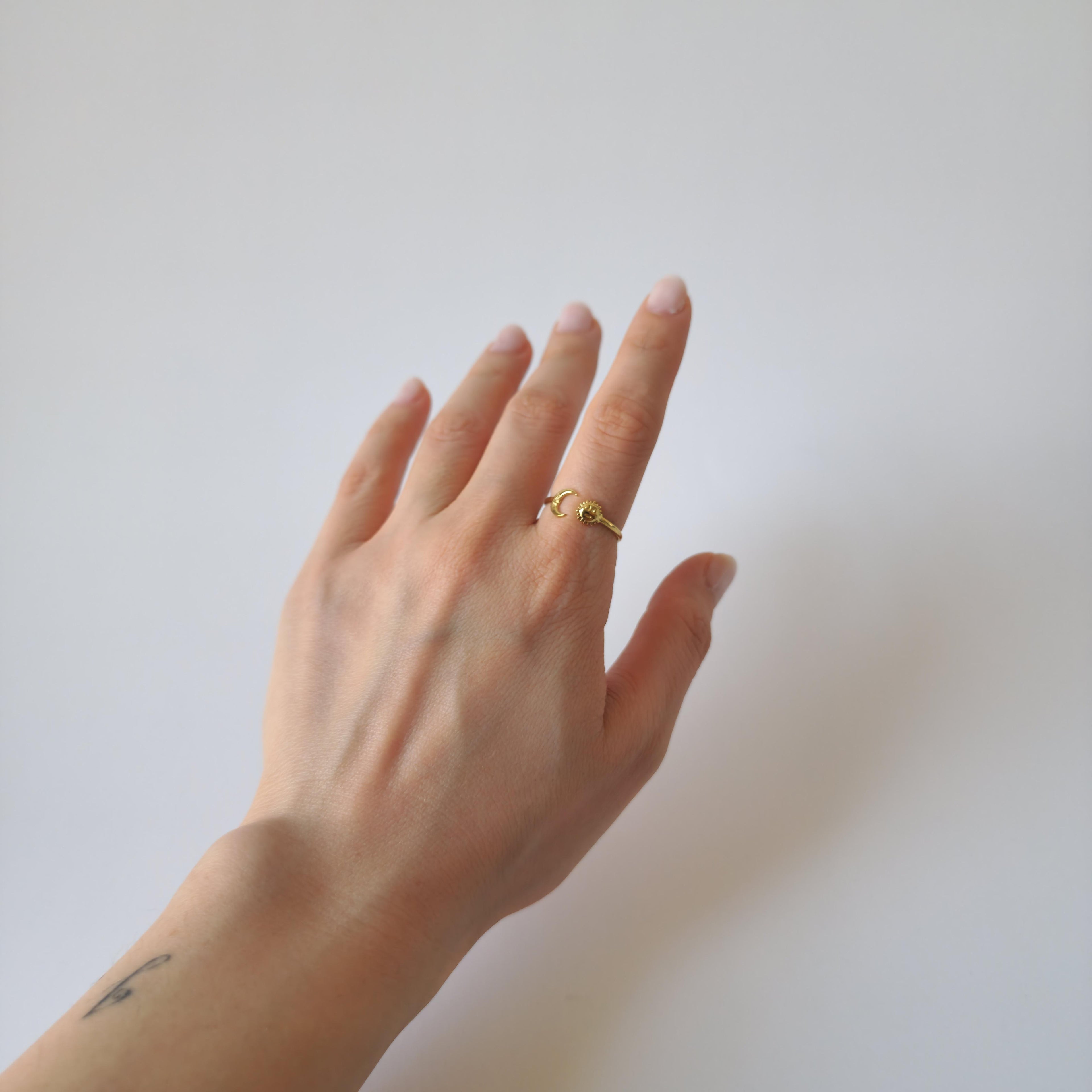 18K Gold Dainty Minimalist Sun Moon Ring Adjustable Open Band Jewelry
