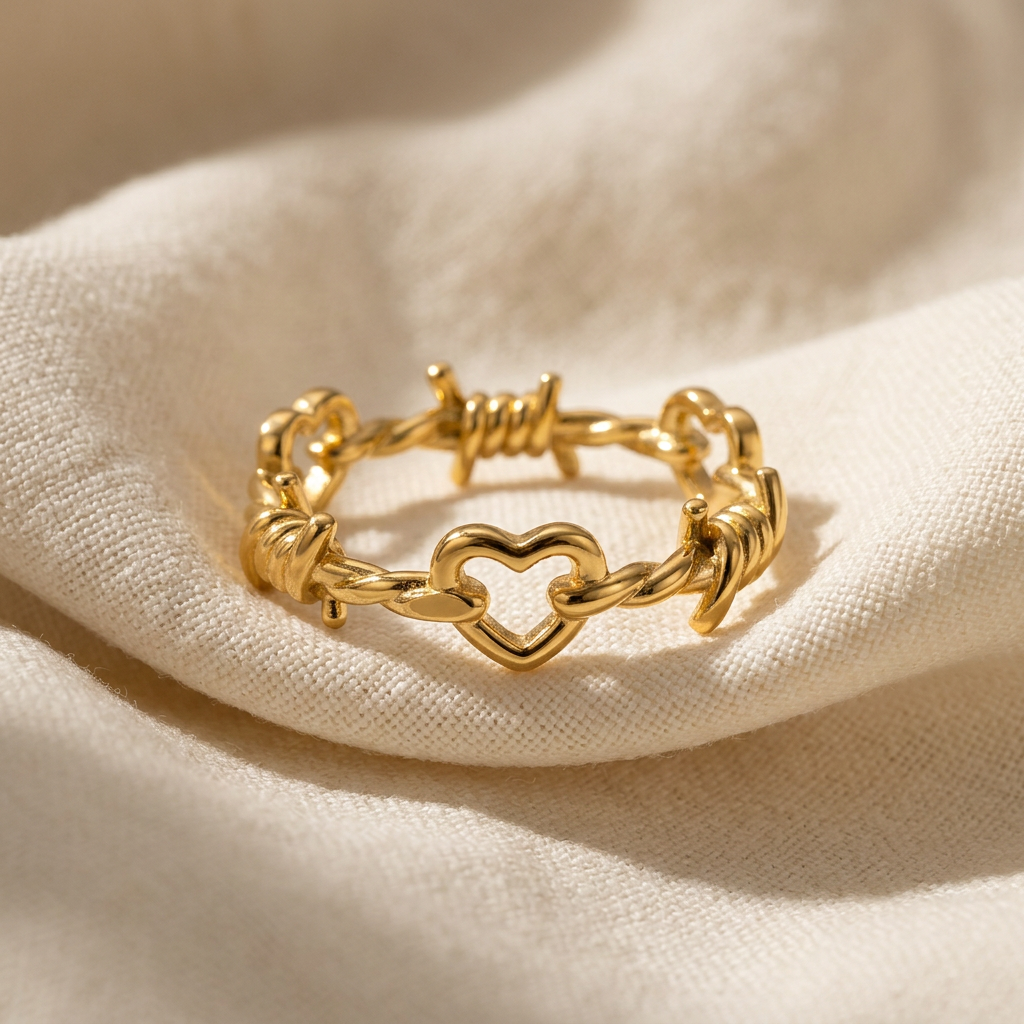 A gold barbed wire heart ring with twisted wire texture, open heart center, and wrapped wire details lying flat on a white background with soft natural shadows, showing the rebellious romantic symbolism, intricate wirework, and polished gold finish from above.