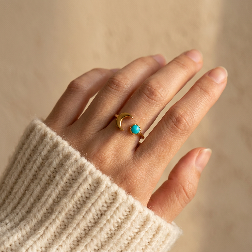 Close-up of a feminine hand wearing a gold crescent moon turquoise ring with curved moon and round vibrant turquoise stone, the celestial design resting on the finger. Soft natural lighting, warm beige linen background, natural skin texture with visible pores and slight imperfections.