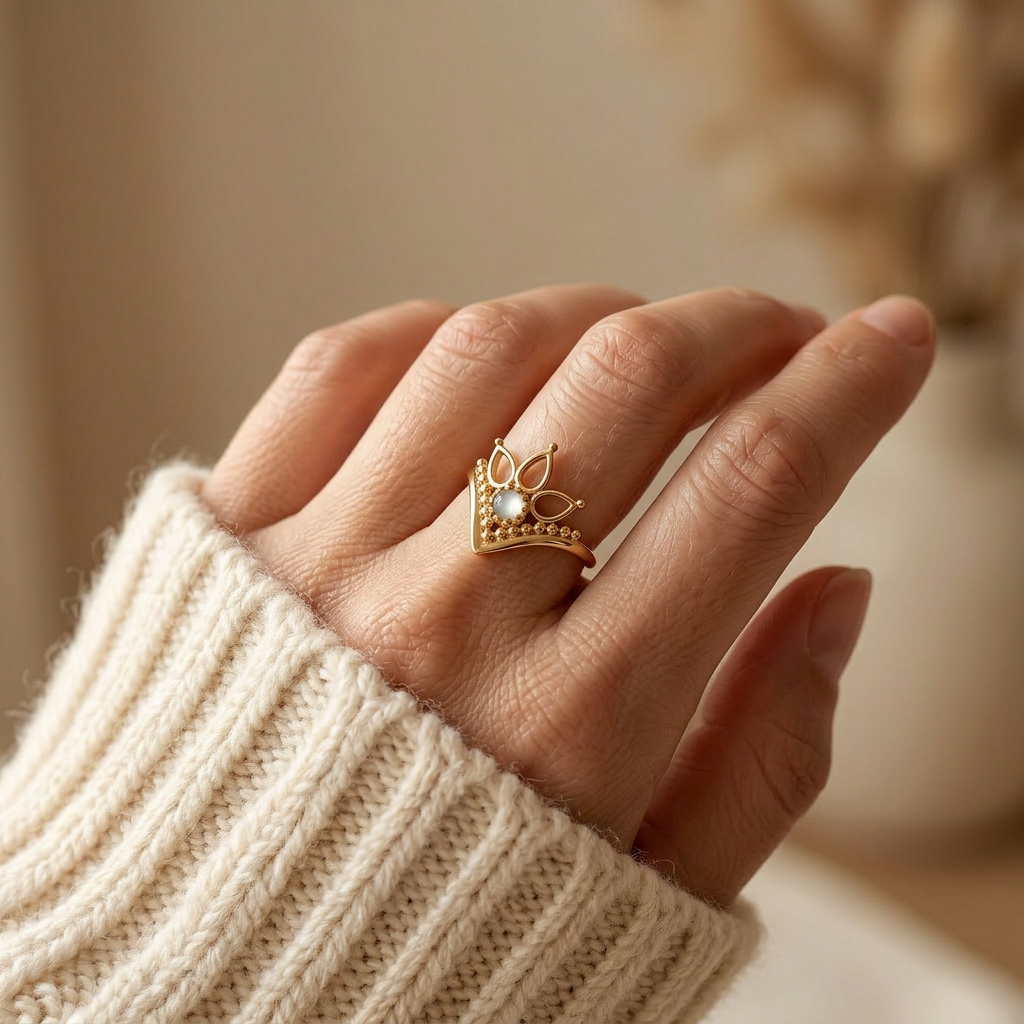Close-up of a feminine hand wearing a gold crown tiara ring with intricate filigree details and iridescent moonstone center, the regal princess design resting on the finger. Soft natural lighting, warm beige linen background, natural skin texture with visible pores and slight imperfections.