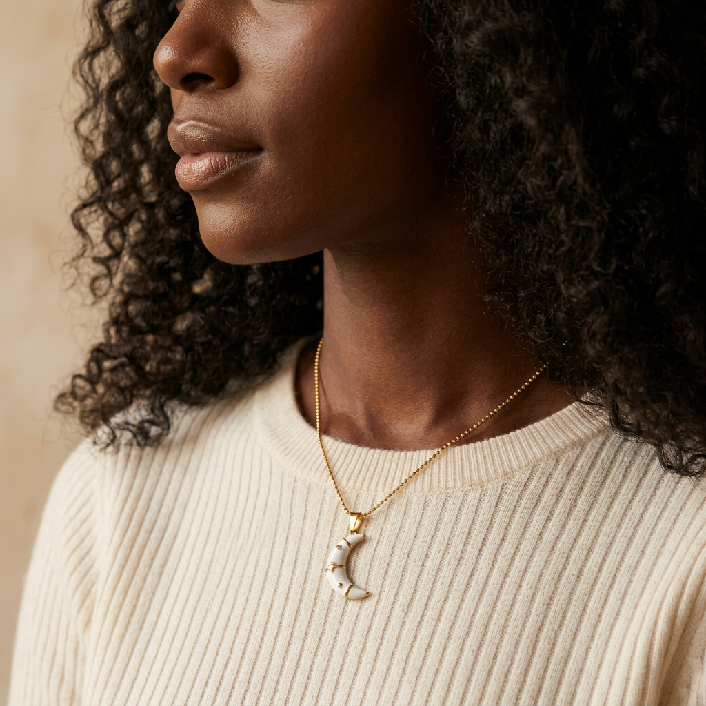 Close-up of a feminine neck and collarbone wearing a gold enamel moon necklace, the white crescent moon with gold star accents resting at the chest. Soft natural lighting, warm beige linen background, natural skin texture with visible pores and slight imperfections.