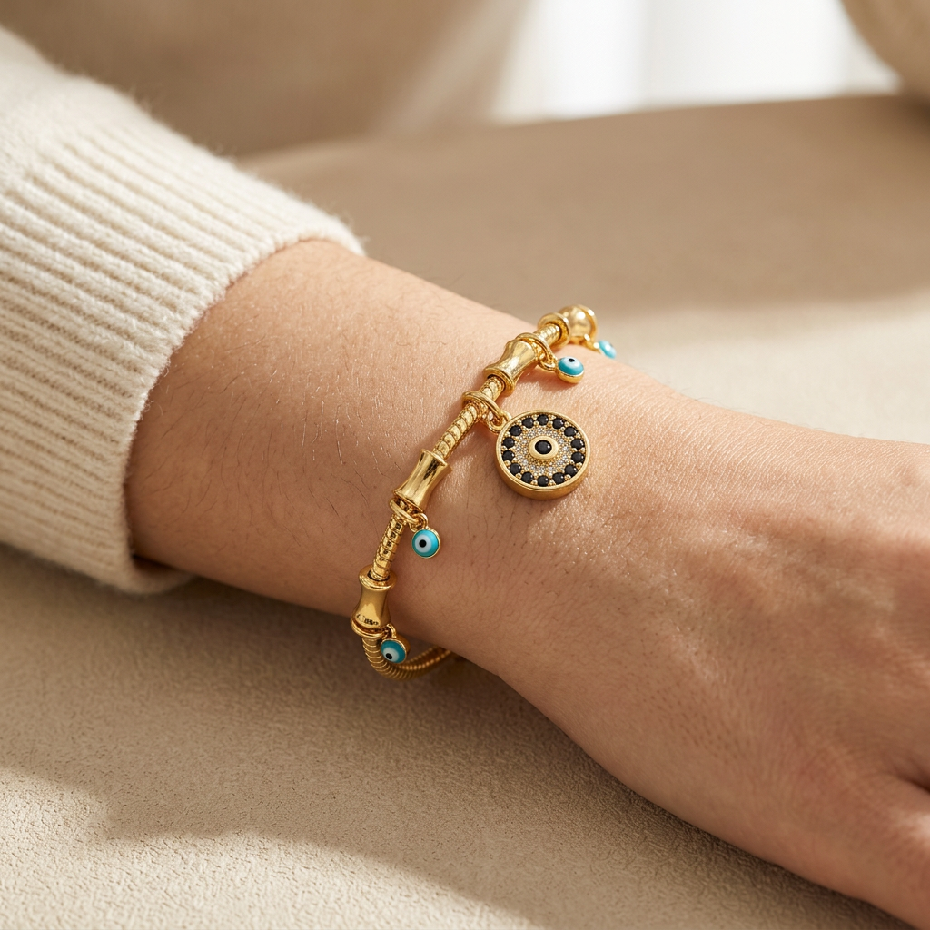 Close-up of a feminine wrist wearing a gold evil eye charm bracelet with coiled snake chain design, the central circular evil eye pendant with blue stones resting on the wrist bone. Soft natural lighting, warm beige linen background, natural skin texture with visible pores and slight imperfections.
