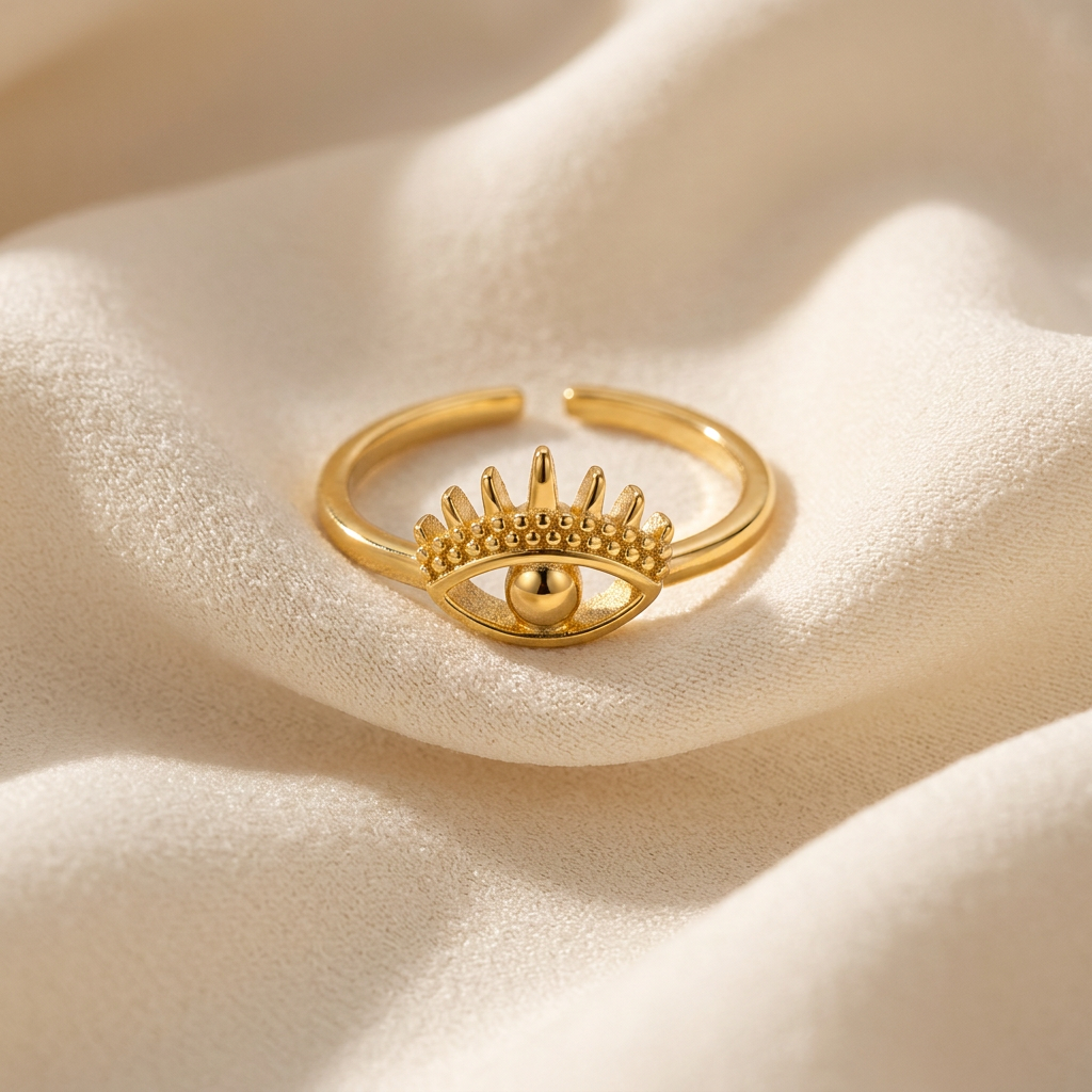 A gold evil eye ring with detailed eyelashes, curved brow, and central spherical pupil lying flat on a white background with soft natural shadows, showing the protective symbol design, intricate lash detail, and polished gold finish from above.