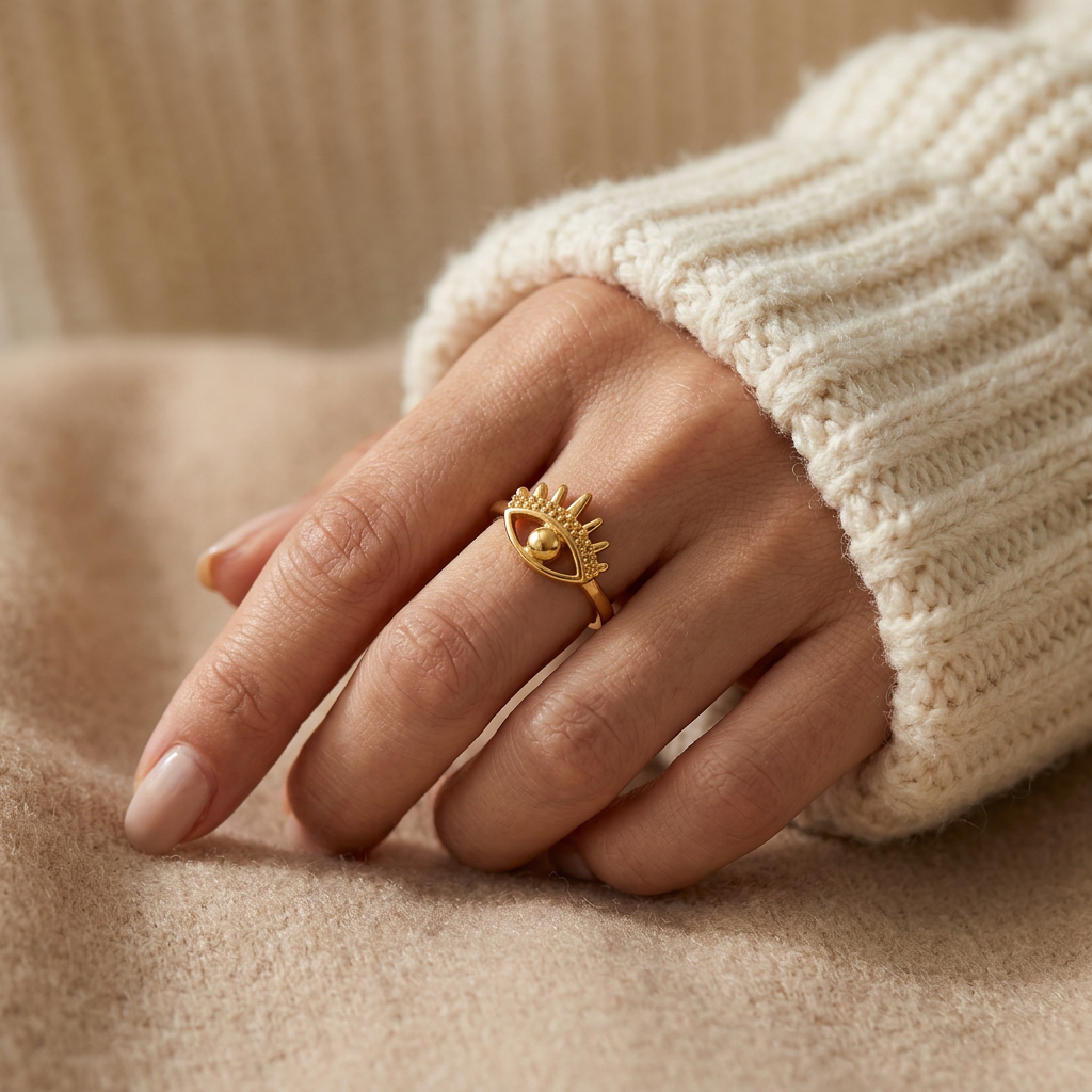 Close-up of a feminine hand wearing a gold evil eye ring with detailed eyelashes and central spherical pupil, the protective symbol resting on the finger. Soft natural lighting, warm beige linen background, natural skin texture with visible pores and slight imperfections.