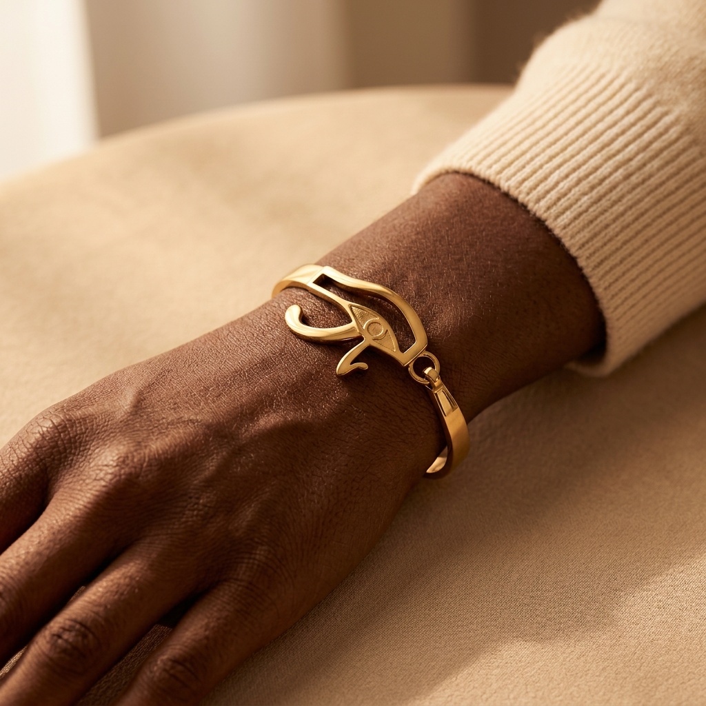 Close-up of a feminine wrist wearing a gold Eye of Horus bracelet with detailed Egyptian symbol centerpiece, the protective eye resting on the wrist bone with curved tail accent. Soft natural lighting, warm beige linen background, natural skin texture with visible pores and slight imperfections.