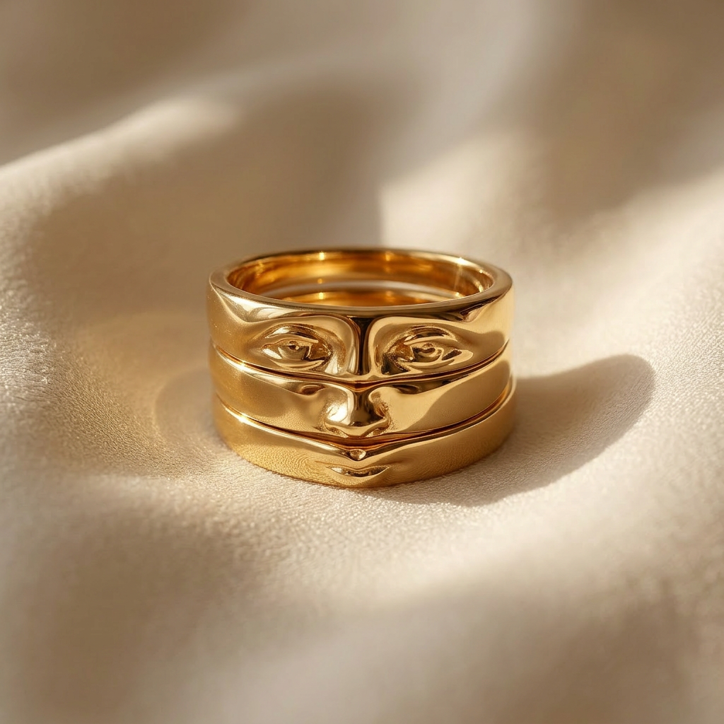 A gold face ring with surrealist facial features including eyes, nose, and mouth across stacked bands lying flat on a white background with soft natural shadows, showing the artistic anthropomorphic detail, sculptural expression, and polished gold finish from above.
