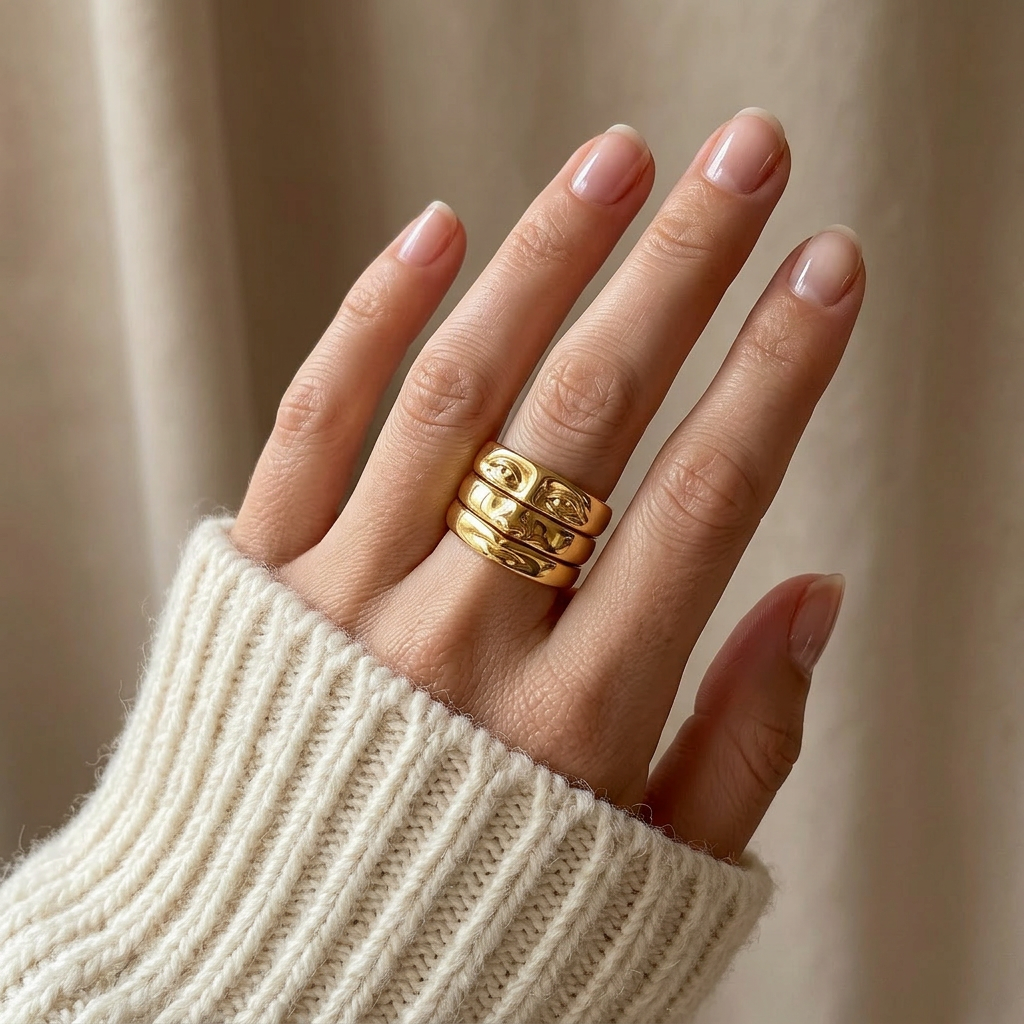 Close-up of a feminine hand wearing a gold face ring with surrealist facial features, the artistic anthropomorphic design resting on the finger. Soft natural lighting, warm beige linen background, natural skin texture with visible pores and slight imperfections.