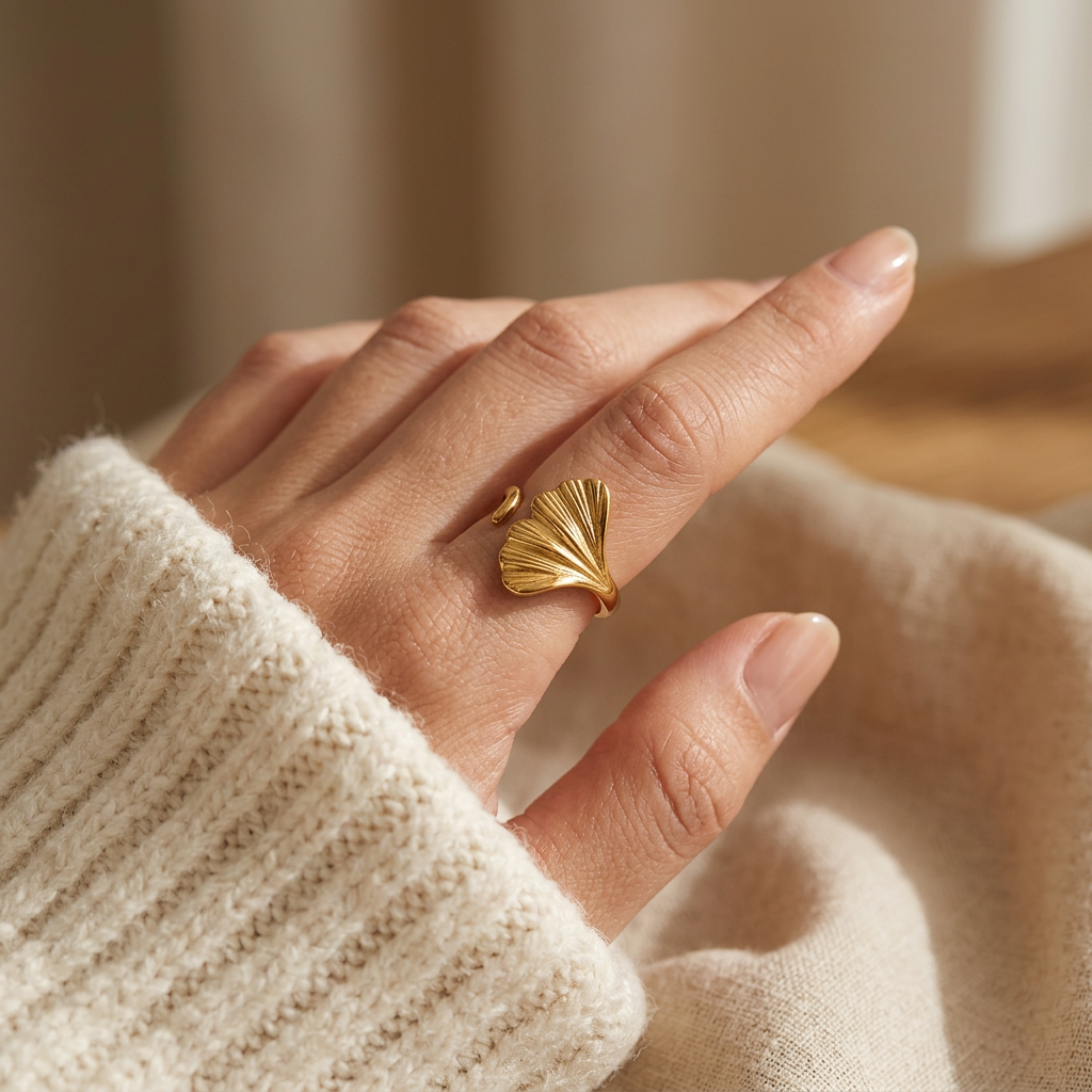 Close-up of a feminine hand wearing a gold ginkgo leaf ring with detailed vein texture, the fan-shaped organic silhouette resting on the finger. Soft natural lighting, warm beige linen background, natural skin texture with visible pores and slight imperfections.