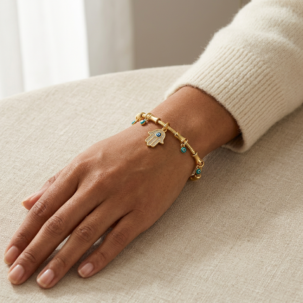 Close-up of a feminine wrist wearing a gold Hamsa hand bracelet with turquoise blue beads, the protective hand charm resting on the wrist bone. Soft natural lighting, warm beige linen background, natural skin texture with visible pores and slight imperfections.