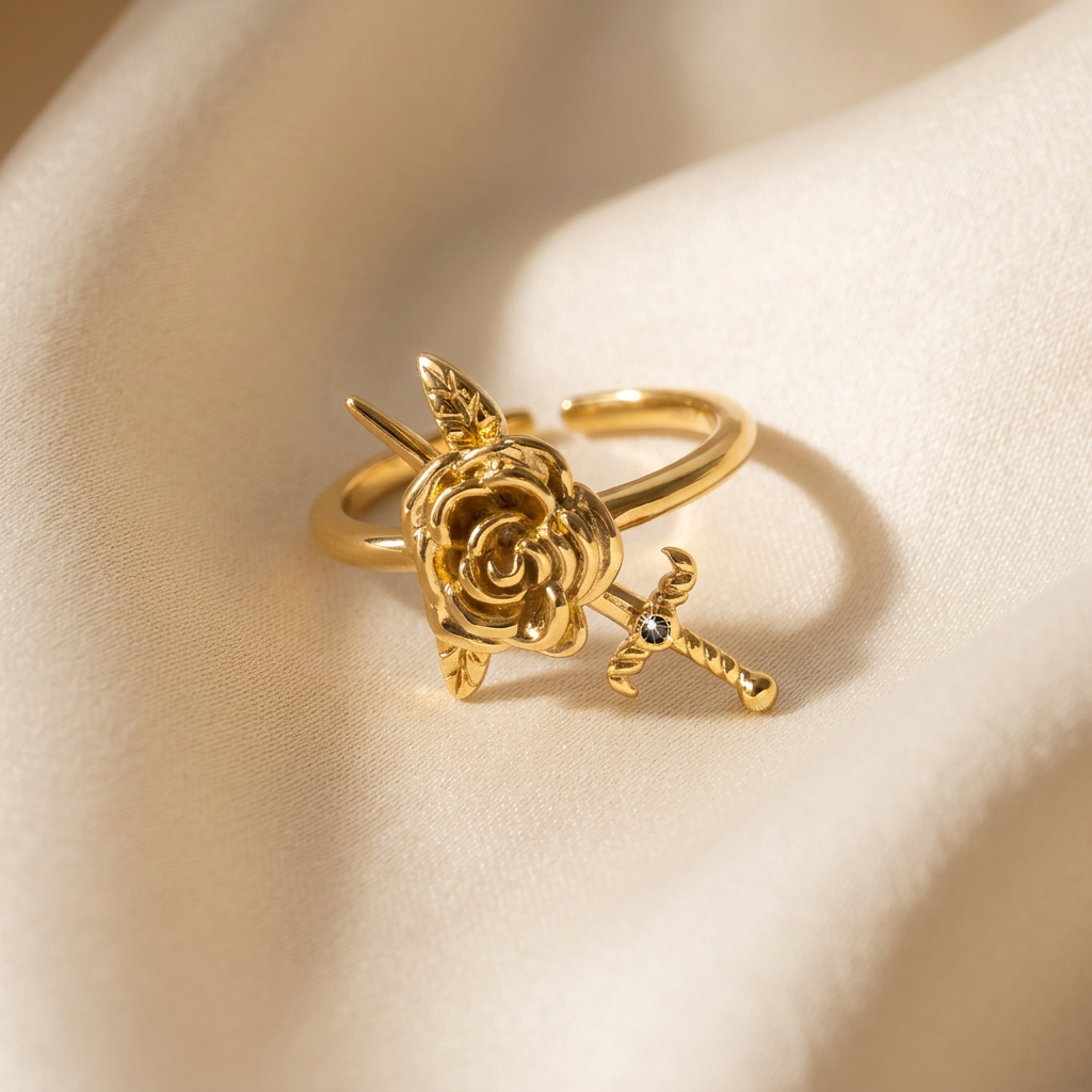 A gold rose and dagger ring with detailed blooming rose and crossed sword design lying flat on a white background with soft natural shadows, showing the intricate petal and blade texture, open adjustable band, and polished gold finish from above.