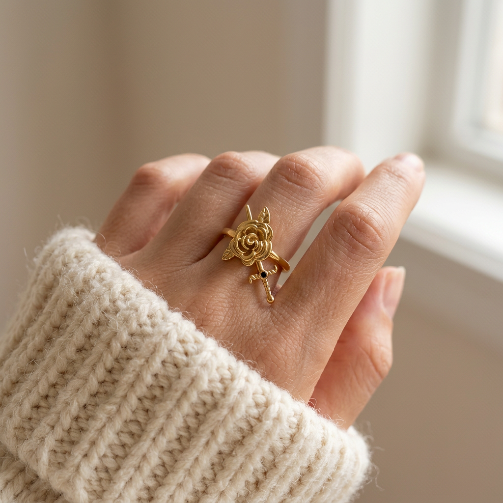 Close-up of a feminine hand wearing a gold rose and dagger ring with detailed blooming rose and crossed sword design, the romantic yet edgy symbolism resting on the finger. Soft natural lighting, warm beige linen background, natural skin texture with visible pores and slight imperfections.