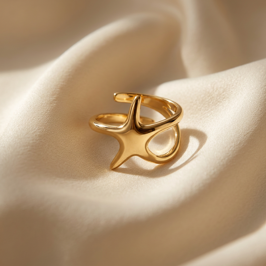 A gold starfish ring with five-pointed sea star shape and textured surface detail lying flat on a white background with soft natural shadows, showing the nautical beach aesthetic, intricate star texture, and polished gold finish from above.