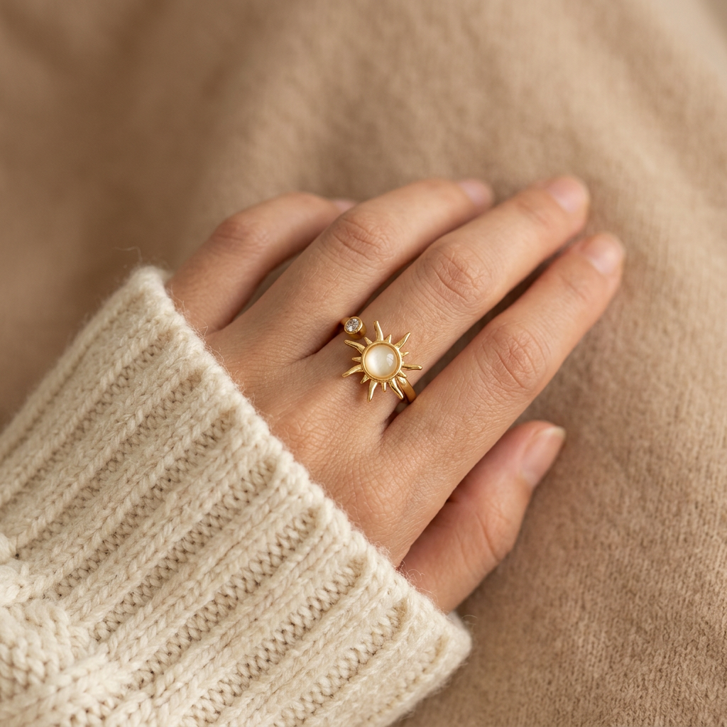 Close-up of a feminine hand wearing a gold sun spinner ring with rotating sunburst center and pearlescent moonstone, the kinetic celestial design resting on the finger. Soft natural lighting, warm beige linen background, natural skin texture with visible pores and slight imperfections.
