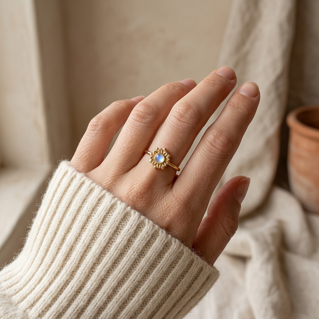 Close-up of a feminine hand wearing a gold sunburst flower ring with radiating petal design and central iridescent moonstone, the celestial bloom resting on the finger. Soft natural lighting, warm beige linen background, natural skin texture with visible pores and slight imperfections.