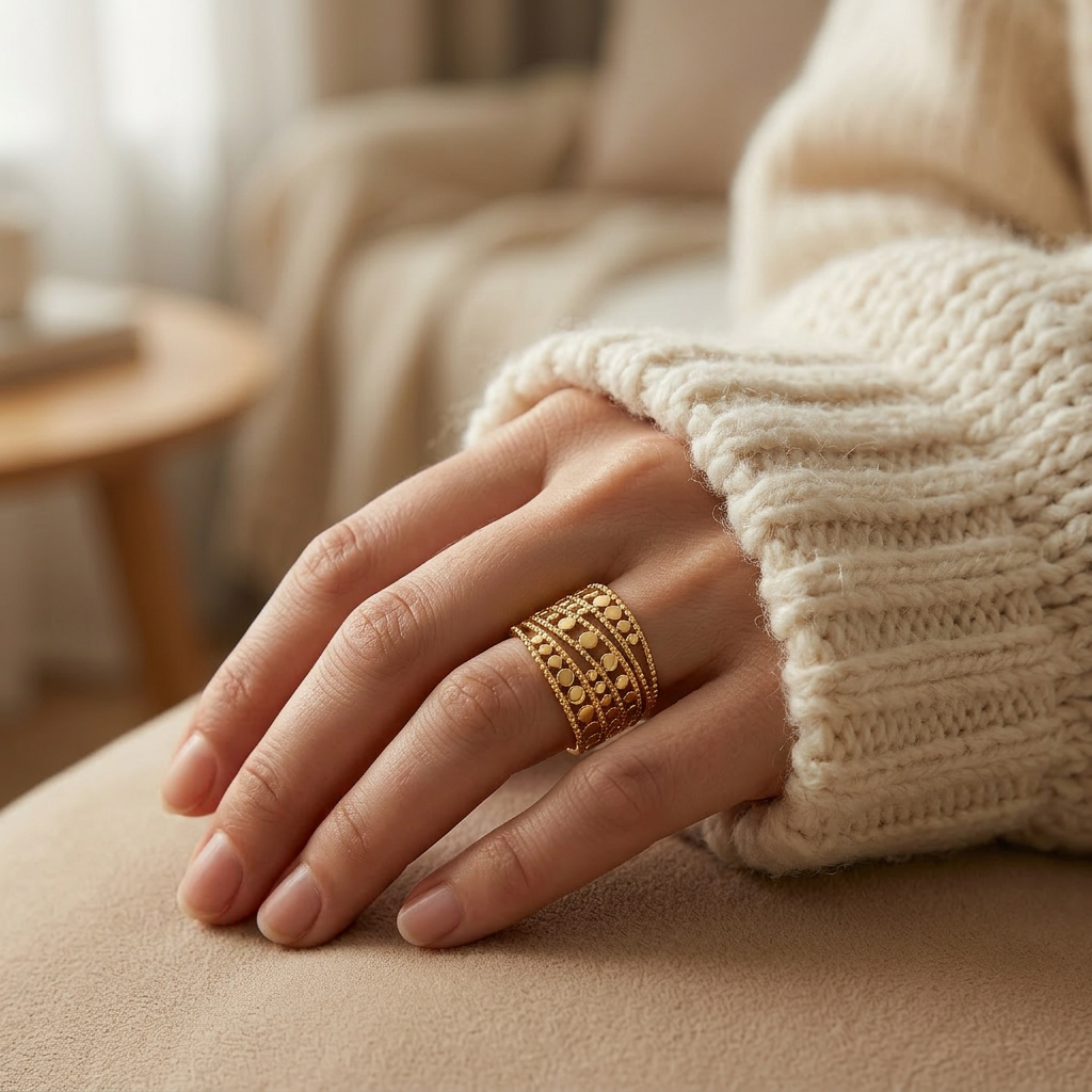 Close-up of a feminine hand wearing a gold wide band cutout ring with multiple rows of circular geometric cutouts, the openwork statement design resting on the finger. Soft natural lighting, warm beige linen background, natural skin texture with visible pores and slight imperfections.