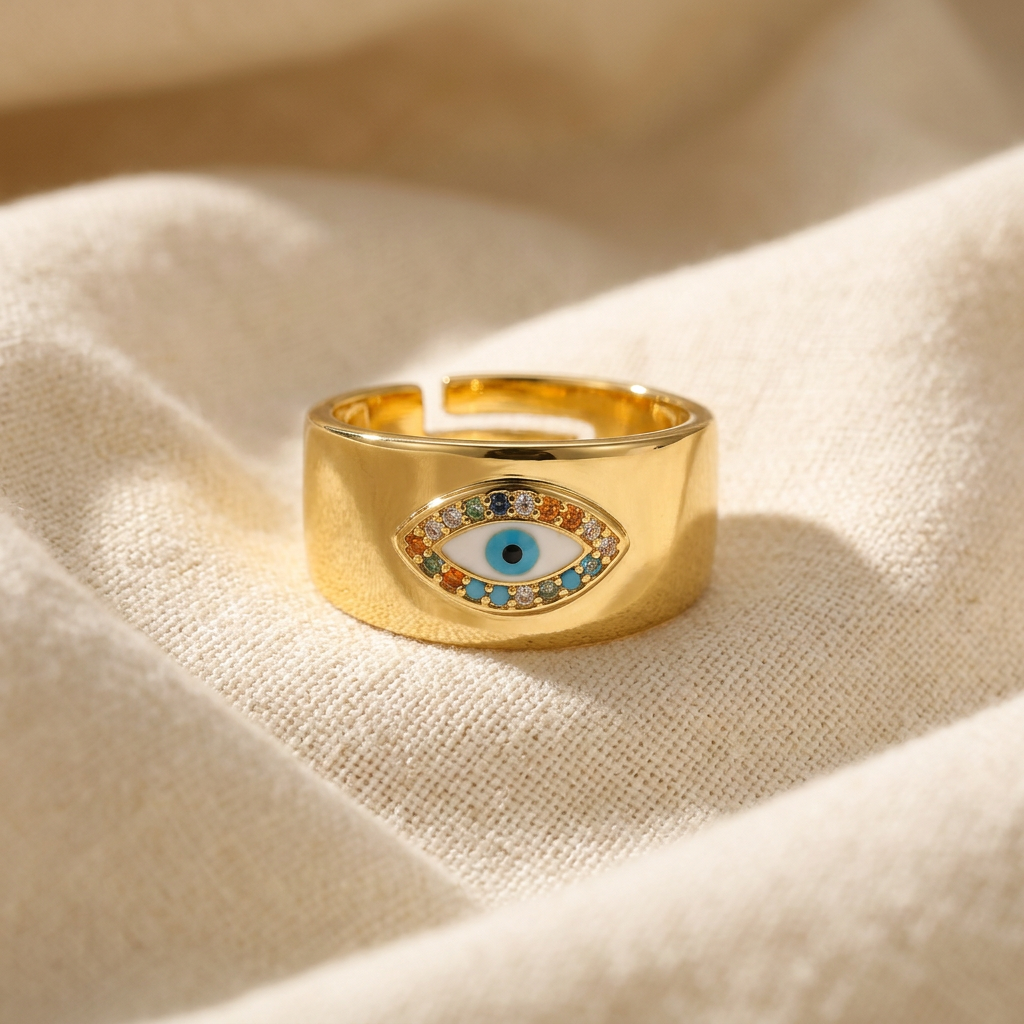 A gold wide band evil eye ring with thick statement band and multi-colored rainbow crystals surrounding deep blue center stone lying flat on a white background with soft natural shadows, showing the vibrant stone detail, bold protective symbol, and polished gold finish from above.