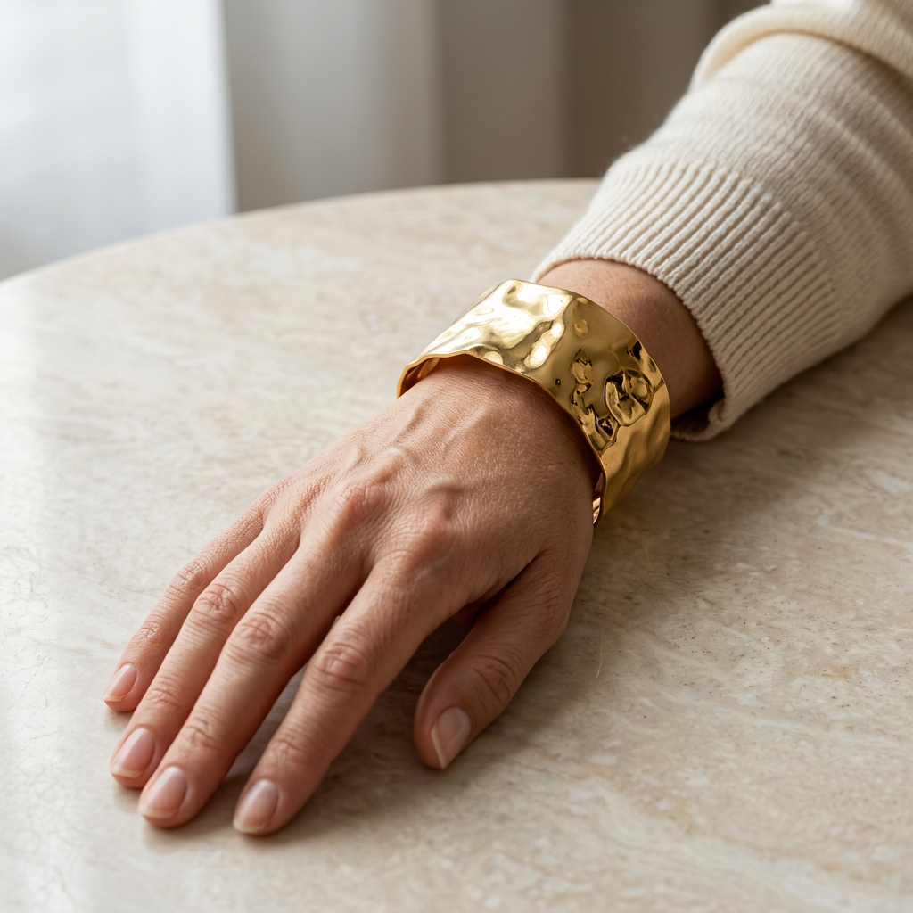 Close-up of a feminine wrist wearing a wide hammered gold cuff bracelet with substantial bold presence, the textured dimpled surface and irregular organic edges making a statement. Soft natural lighting, warm beige linen background, natural skin texture with visible pores and slight imperfections.