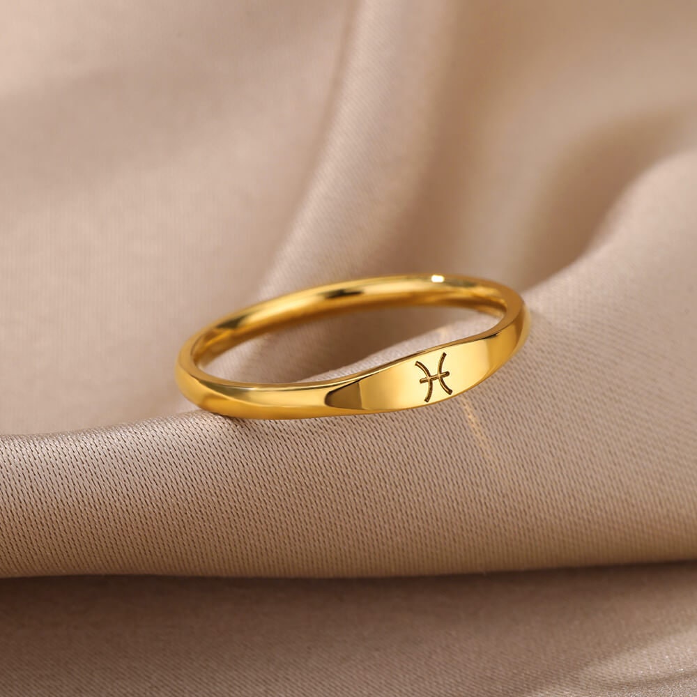Dainty Horoscope Ring, Engraved Horoscope Ring, 18K Gold Horoscope Ring, Constellation Fashion Ring for Women, Gift for Her