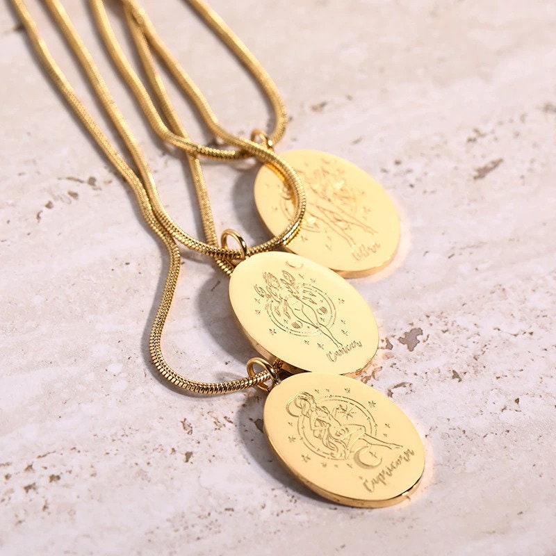 Engraved Horoscope Charm, 18K Gold Horoscope Necklace for Women, Dainty Horoscope Charm, Gift for Her