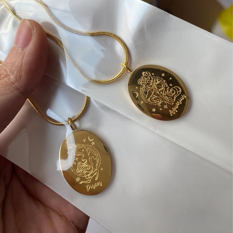 Engraved Horoscope Charm, 18K Gold Horoscope Necklace for Women, Dainty Horoscope Charm, Gift for Her