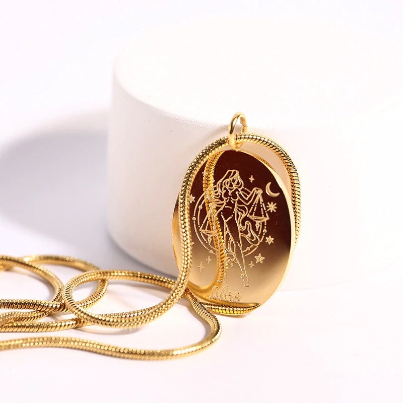 Engraved Horoscope Charm, 18K Gold Horoscope Necklace for Women, Dainty Horoscope Charm, Gift for Her