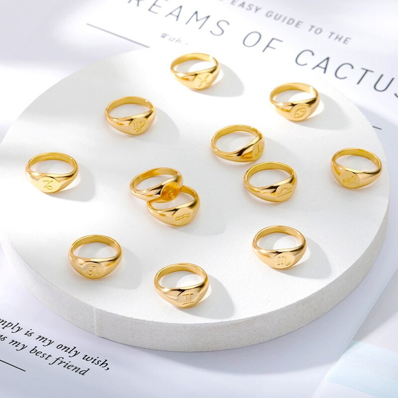 Horoscope Ring, 18K Gold Horoscope Ring, Horoscope Signet Ring, Horoscope Engraved Ring, Constellation Fashion Ring for Women, Gift for Her