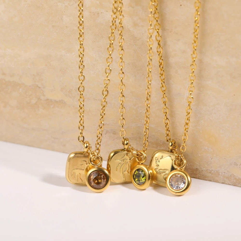 18K Gold Horoscope Charm, Gold Horoscope Necklace, Birthstone Charm, Gold Birthstone Necklace for Women, Gift for Her