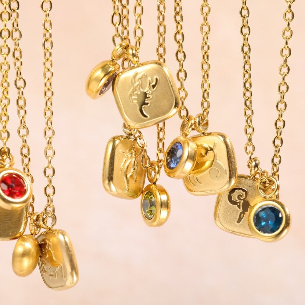 18K Gold Horoscope Charm, Gold Horoscope Necklace, Birthstone Charm, Gold Birthstone Necklace for Women, Gift for Her