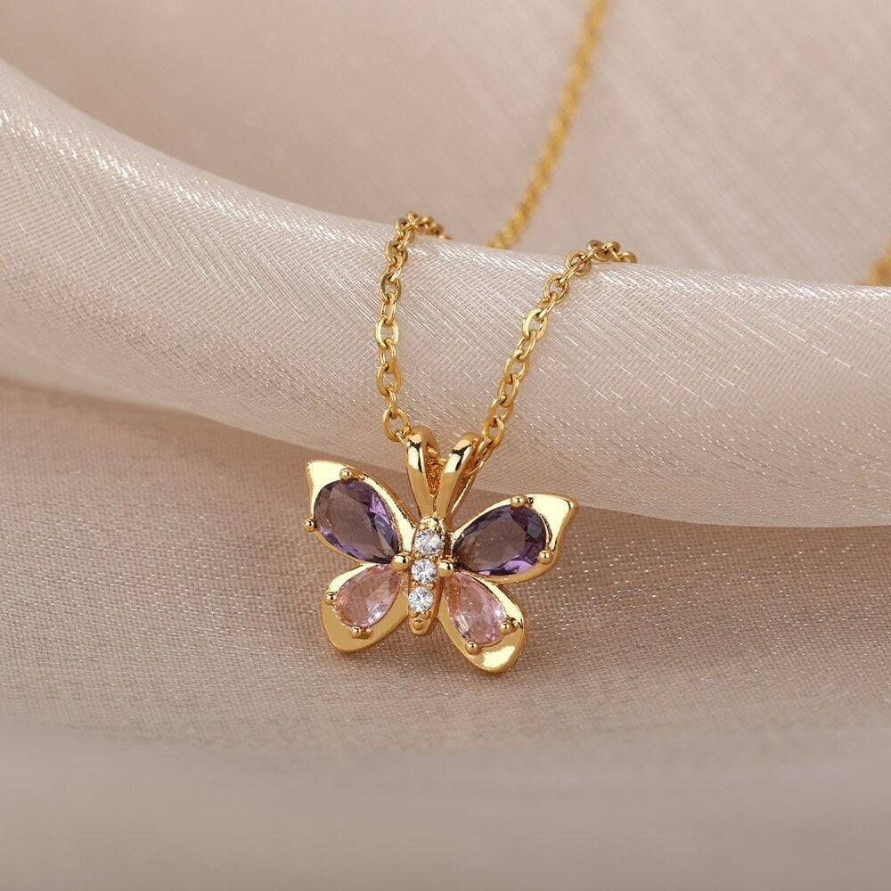 Delicate Butterfly Charm, Purple Butterfly Necklace, 18K Gold Butterfly Necklace for Women, Gift for Her