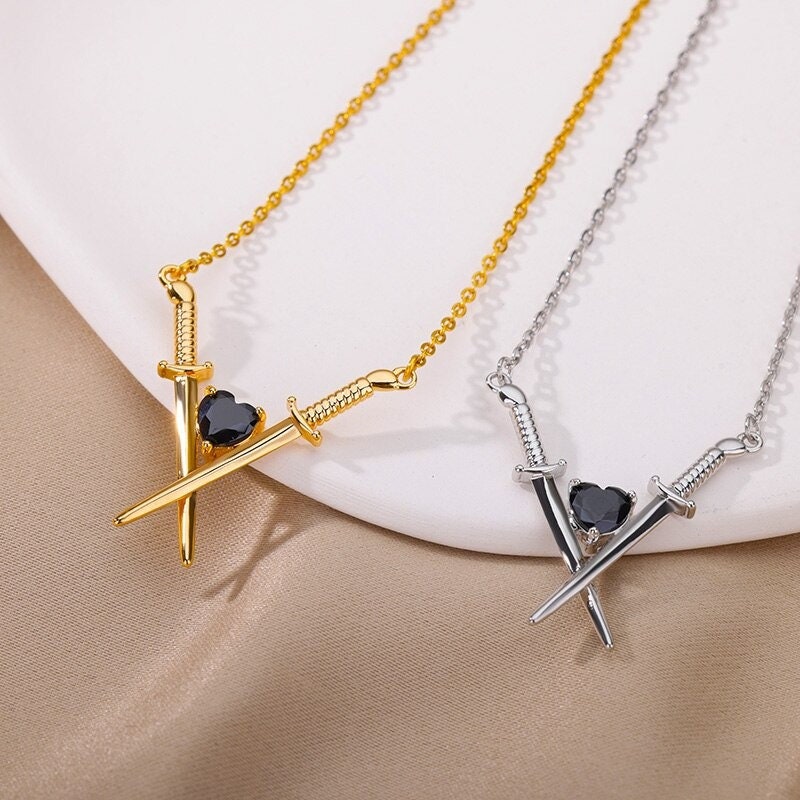 Gothic Sword Pendant, 18K Gold Punk Hearts & Swords Necklace