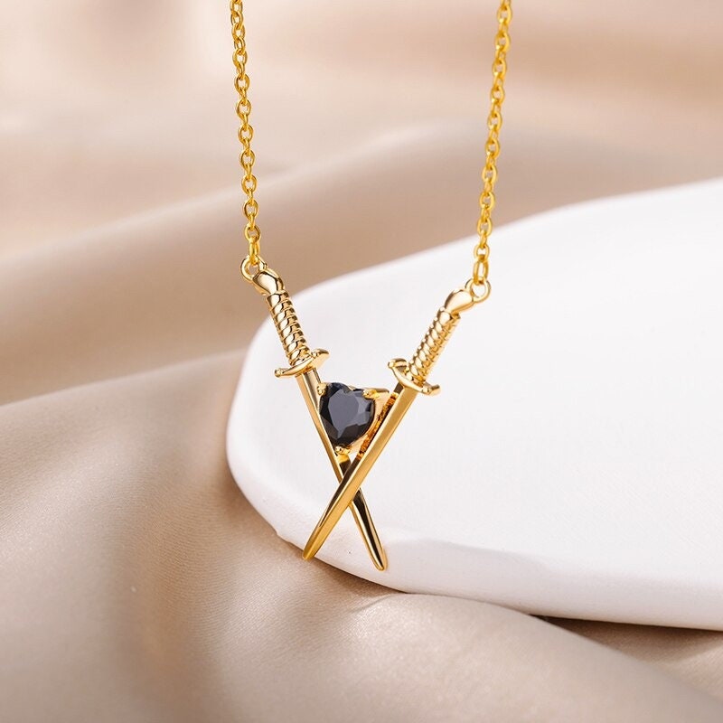 Gothic Sword Pendant, 18K Gold Punk Hearts & Swords Necklace