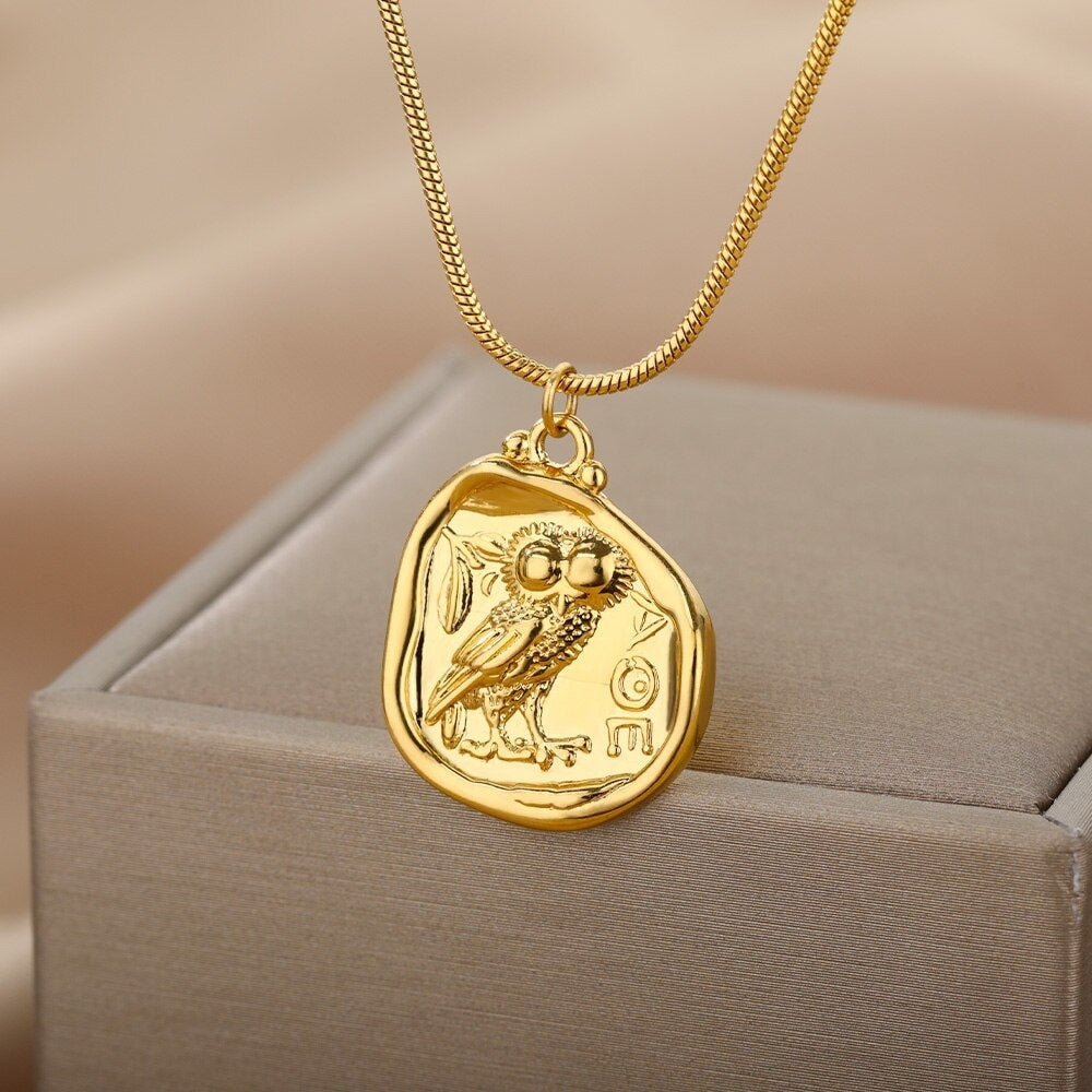 18K Gold Owl Charm Necklace, Wise Owl Pendant, Gold Owl Necklace for Women, Gift for Her