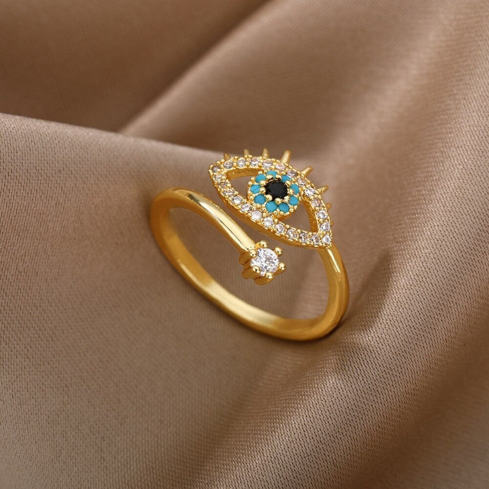 Gothic Evil Eye Ring, Crystal Evil Eye Ring, 18K Gold Evil Eye Ring, Evil Eye Fashion Ring for Women, Gift for Her