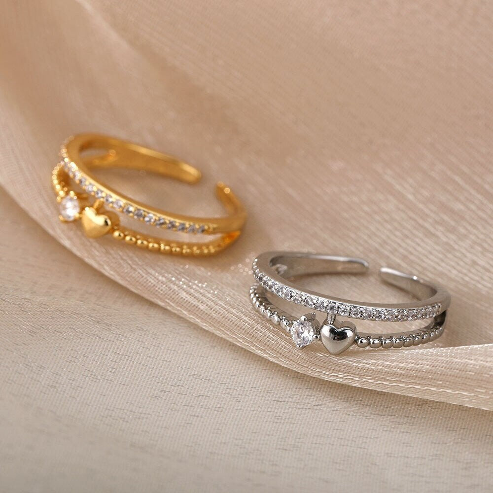 18K Gold Heart Ring, Double Heart Ring, Dainty Heart Ring, Heart Wrap Ring, Heart Fashion Ring for Women, Gift for Her