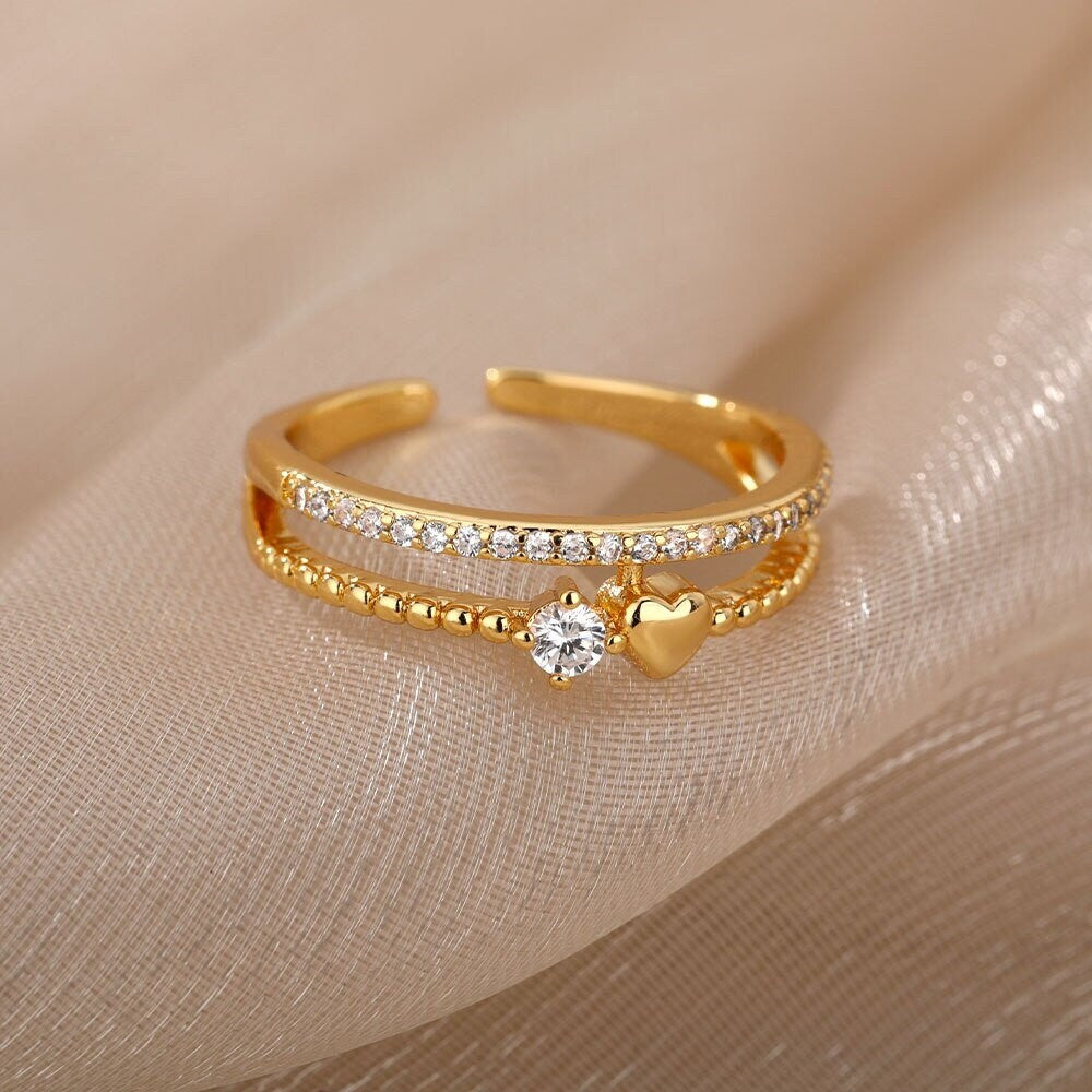 18K Gold Heart Ring, Double Heart Ring, Dainty Heart Ring, Heart Wrap Ring, Heart Fashion Ring for Women, Gift for Her