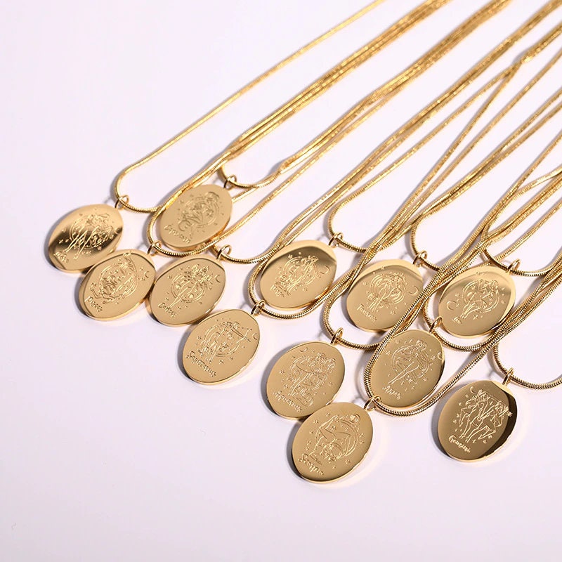 Engraved Horoscope Charm, 18K Gold Horoscope Necklace for Women, Dainty Horoscope Charm, Gift for Her