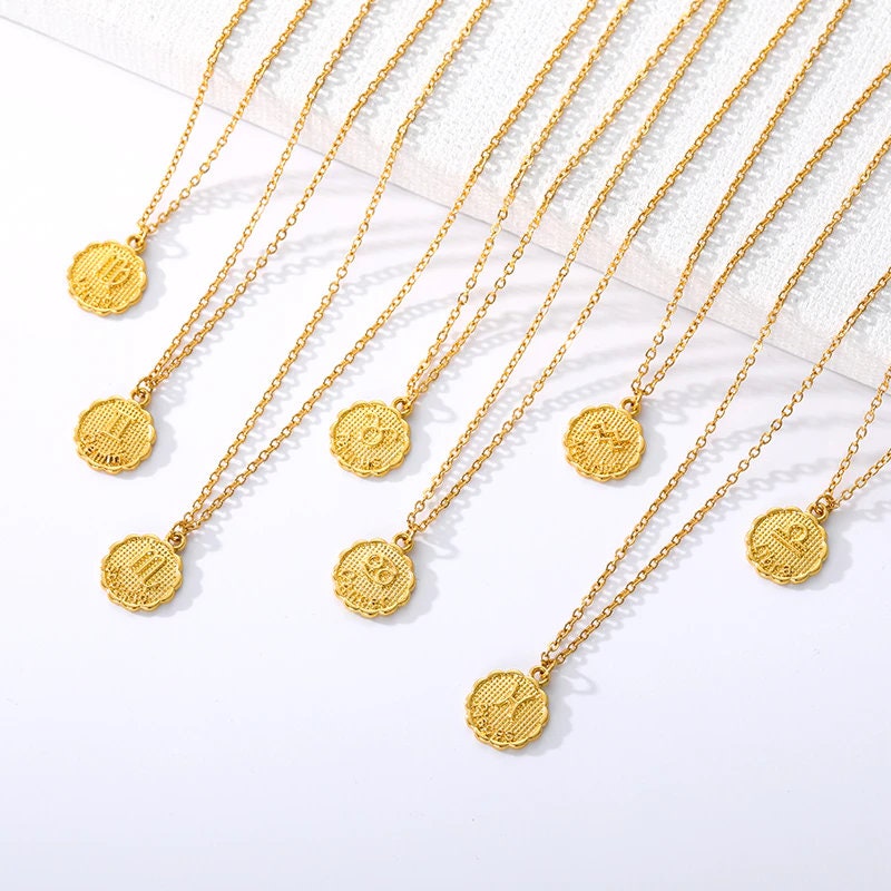 Horoscope Coin Charm, 18K Gold Horoscope Coin, Gold Horoscope Necklace, Horoscope Fashion Necklace for Women, Gift for Her