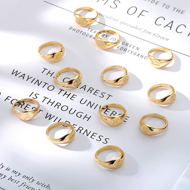 Horoscope Ring, 18K Gold Horoscope Ring, Horoscope Signet Ring, Horoscope Engraved Ring, Constellation Fashion Ring for Women, Gift for Her