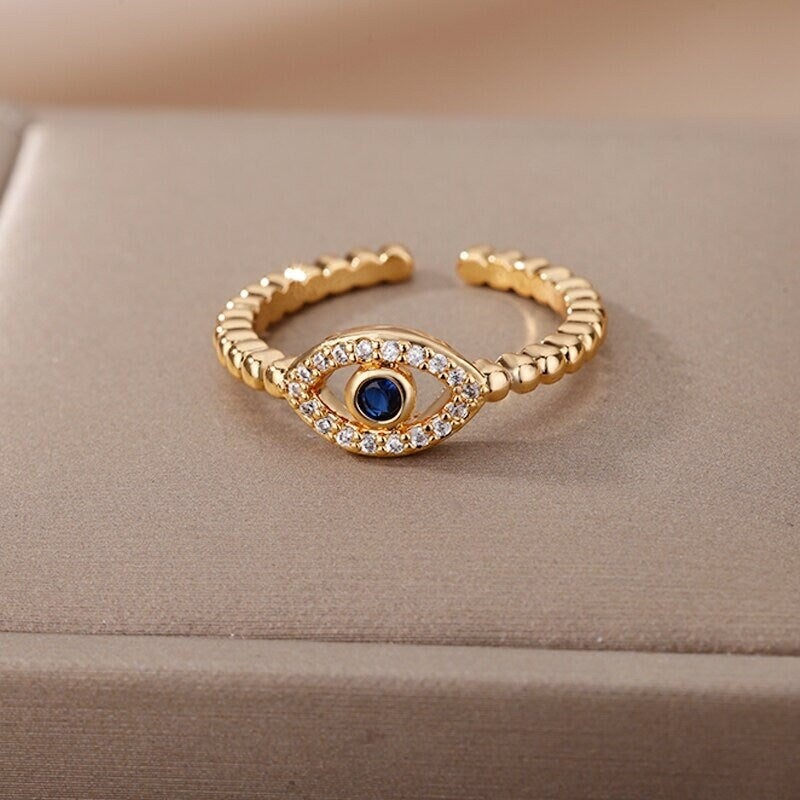 18K Gold Evil Eye Ring, Evil Eye Crystal, Crystal Evil Eye Ring, Gothic Evil Eye Fashion Ring for Women, Gift for Her