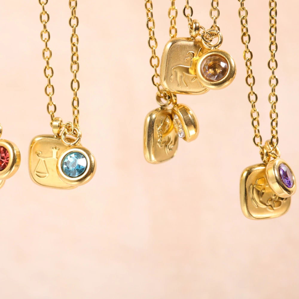 18K Gold Horoscope Charm, Gold Horoscope Necklace, Birthstone Charm, Gold Birthstone Necklace for Women, Gift for Her