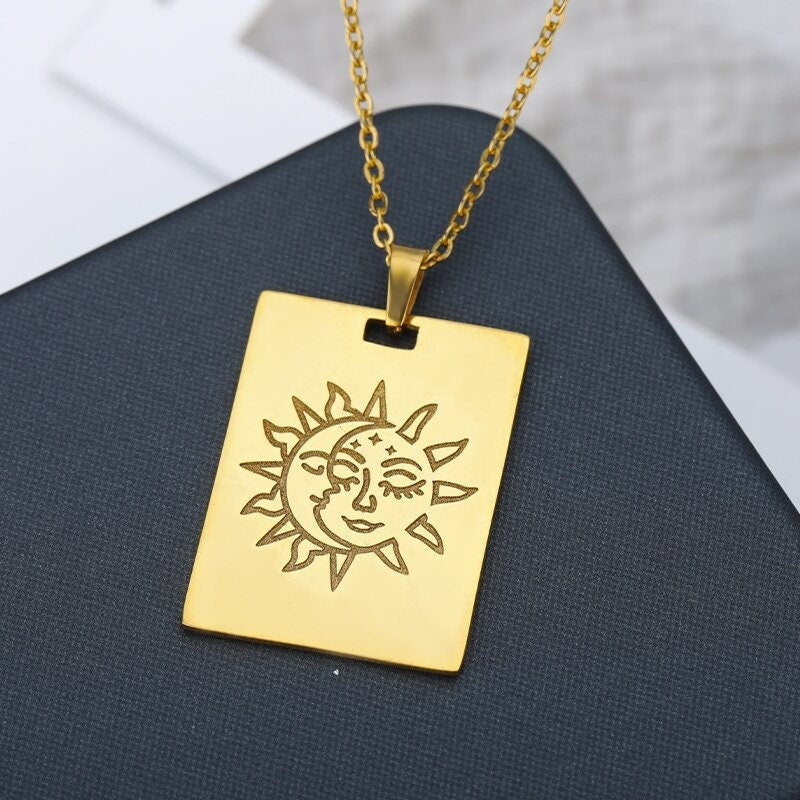 18K Gold Tarot Charm, Gold Tarot Necklace, Sun Moon Fashion Necklace for Women, Gift for Her