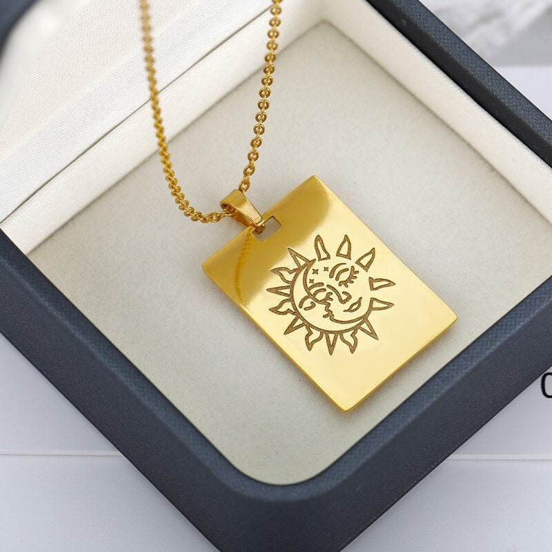 18K Gold Tarot Charm, Gold Tarot Necklace, Sun Moon Fashion Necklace for Women, Gift for Her