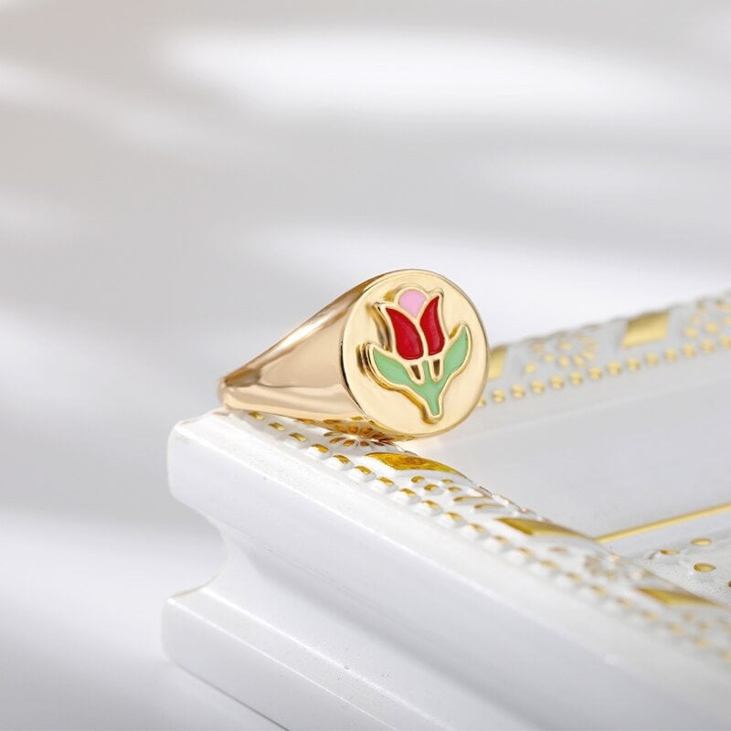 18K Gold Tulip Ring, Gold Flower Ring, Flower Signet Ring, Tulip Signet Ring, Korean Fashion Ring for Women, Gift for Her