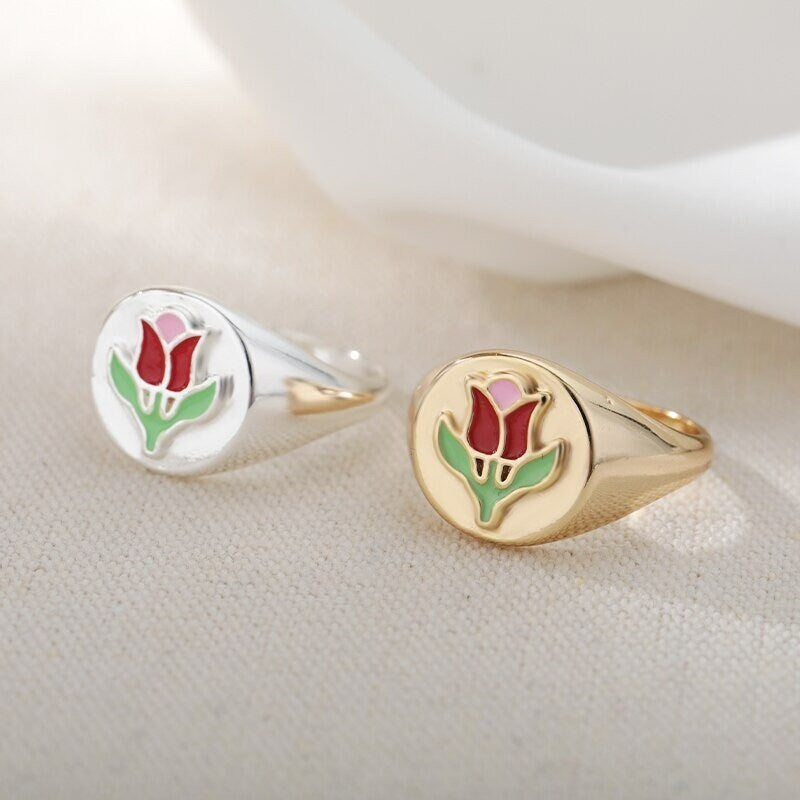18K Gold Tulip Ring, Gold Flower Ring, Flower Signet Ring, Tulip Signet Ring, Korean Fashion Ring for Women, Gift for Her