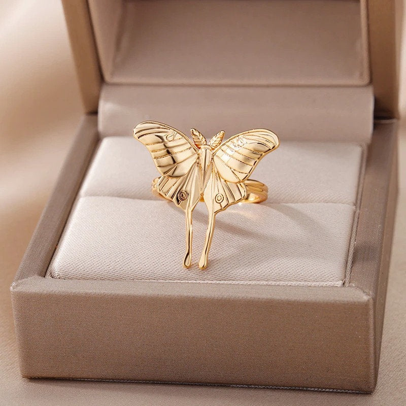 Boho Moth Ring, Punk Moth Ring, Gold Moth Ring, 18K Gold Plated Dainty Minimalist