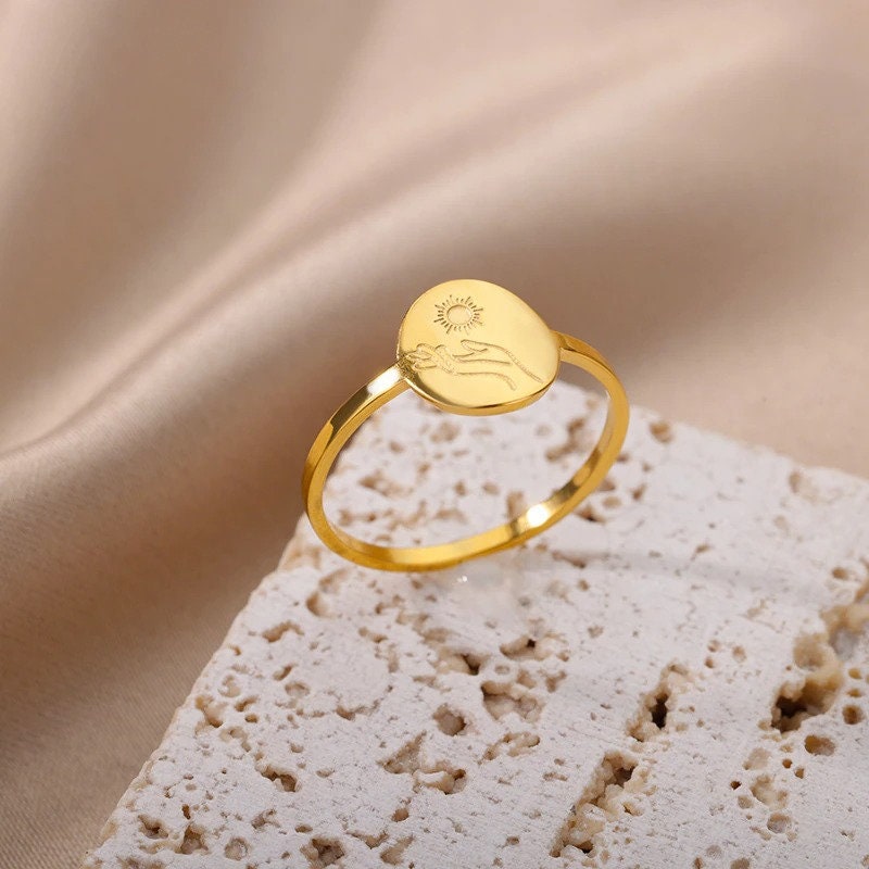 Boho Engraved Sun Goddess, 18K Gold Yogi Stackable Ring, Dainty Minimalist Jewelry, Delicate Handmade for Women, Gift for Her