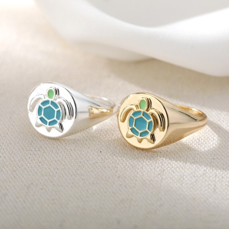 Boho Cute Turtle Signet, 18K Gold Yogi Stackable Ring, Dainty Minimalist Jewelry, Delicate Handmade for Women, Gift for Her