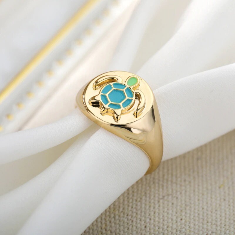 Boho Cute Turtle Signet, 18K Gold Yogi Stackable Ring, Dainty Minimalist Jewelry, Delicate Handmade for Women, Gift for Her